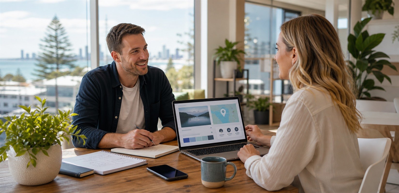 Small business owner meeting with a local web designer near the Queensland coast