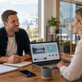 Small business owner meeting with a local web designer near the Queensland coast
