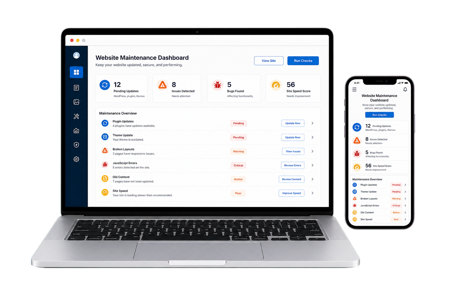 Website dashboard showing updates, bugs, old content, and maintenance issues