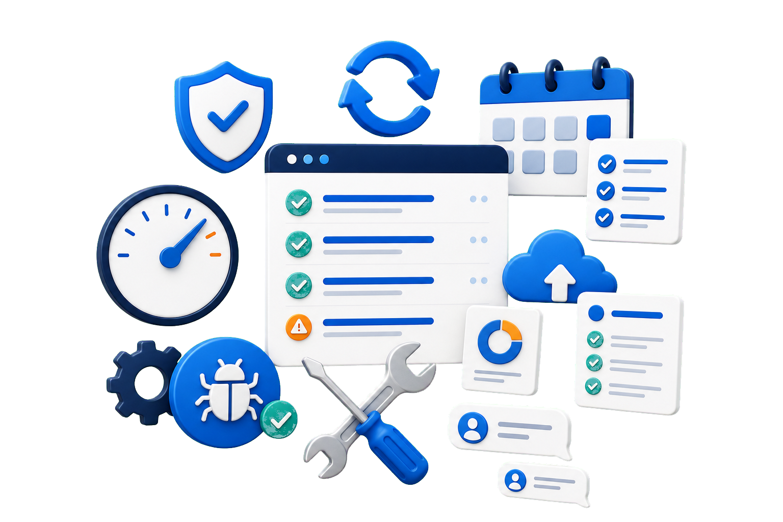 Website maintenance process showing updates, bug fixes, performance checks, backups, and support tasks