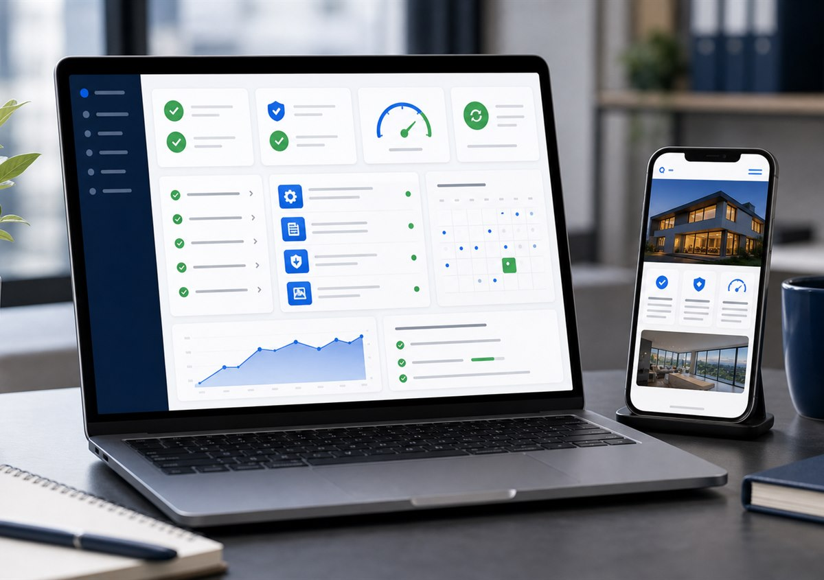 Website maintenance dashboard showing completed updates, fixes, and performance checks