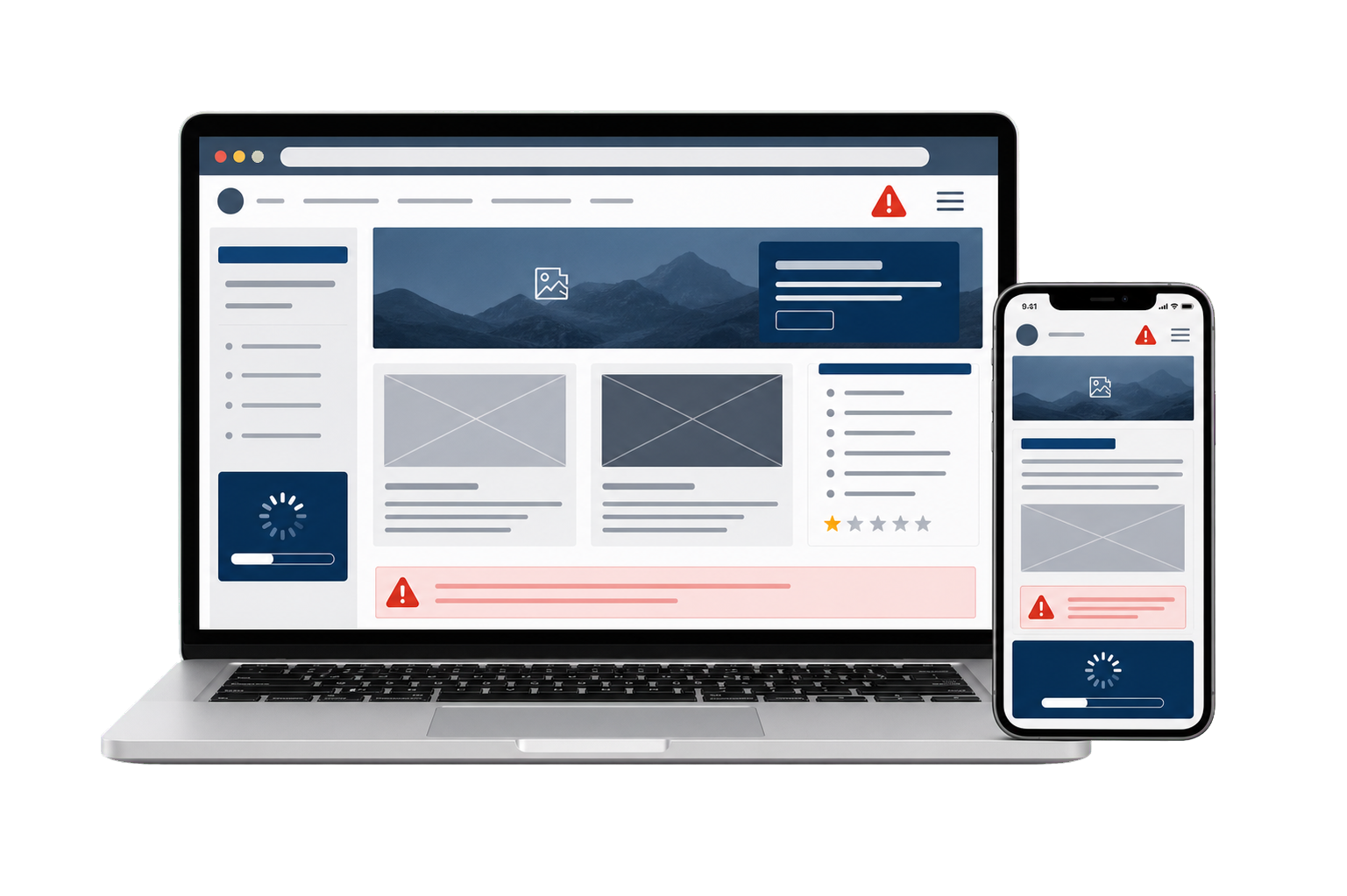 Outdated website shown on laptop and phone with issue markers