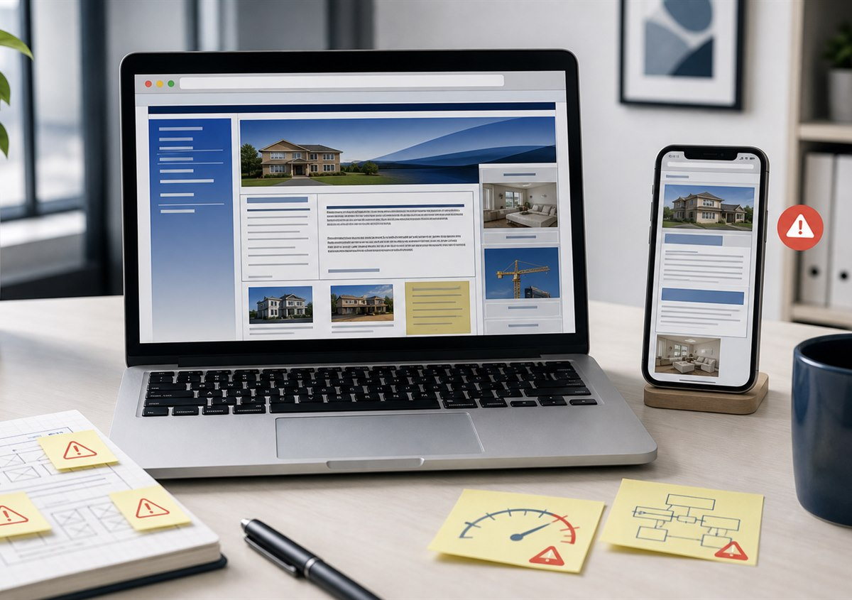 Outdated website shown on laptop and phone with issue markers