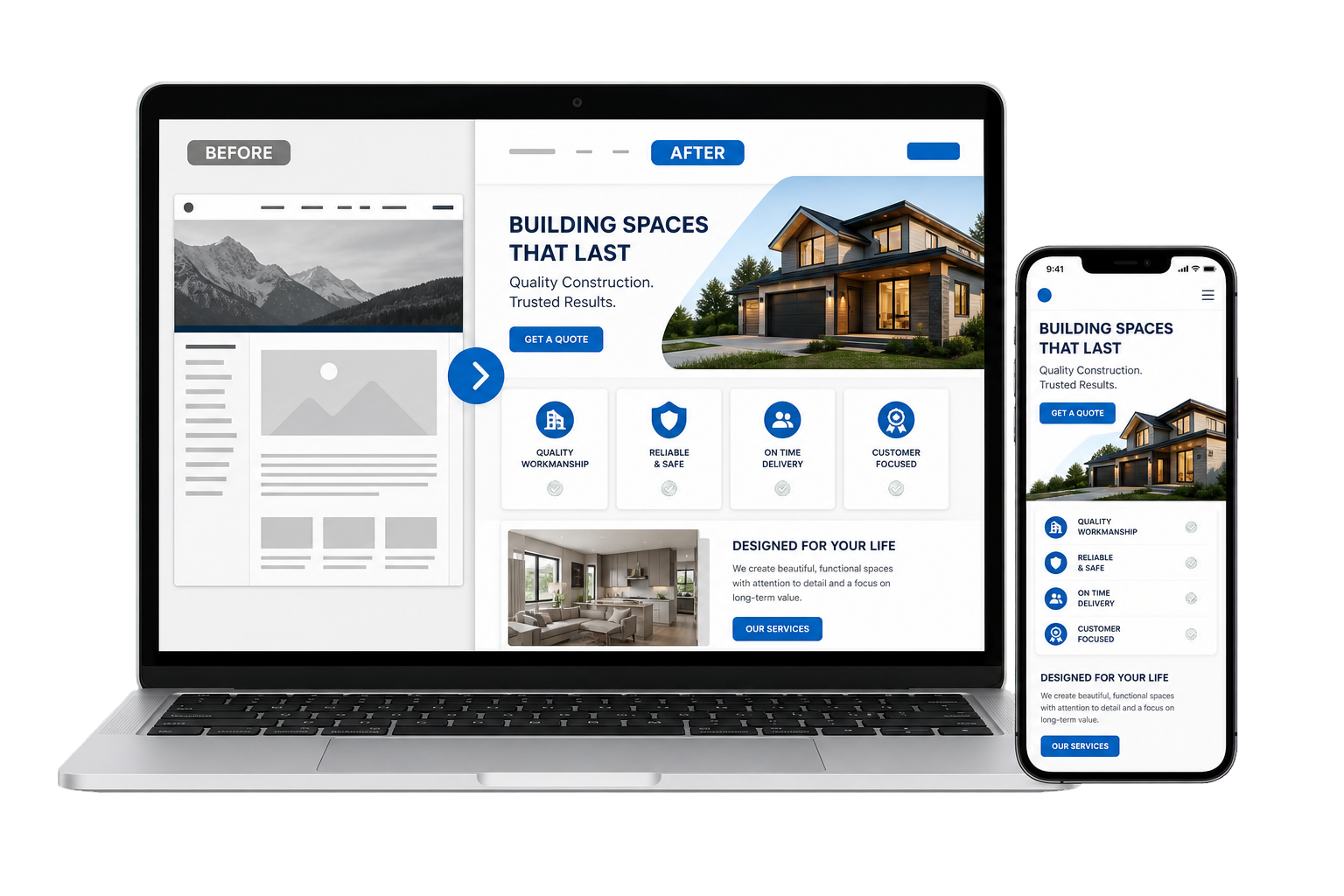Website redesign before and after shown on desktop and mobile screens