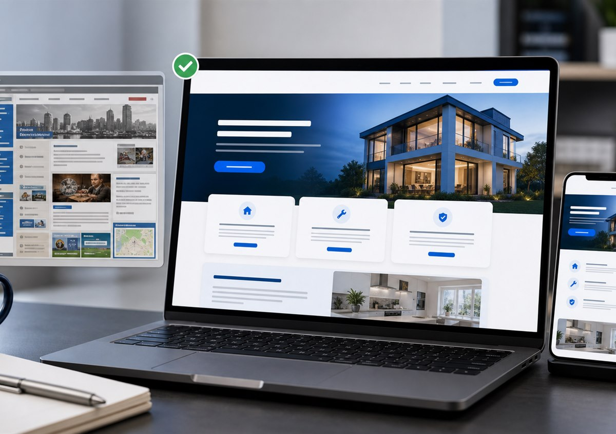 Website redesign before and after shown on desktop and mobile screens