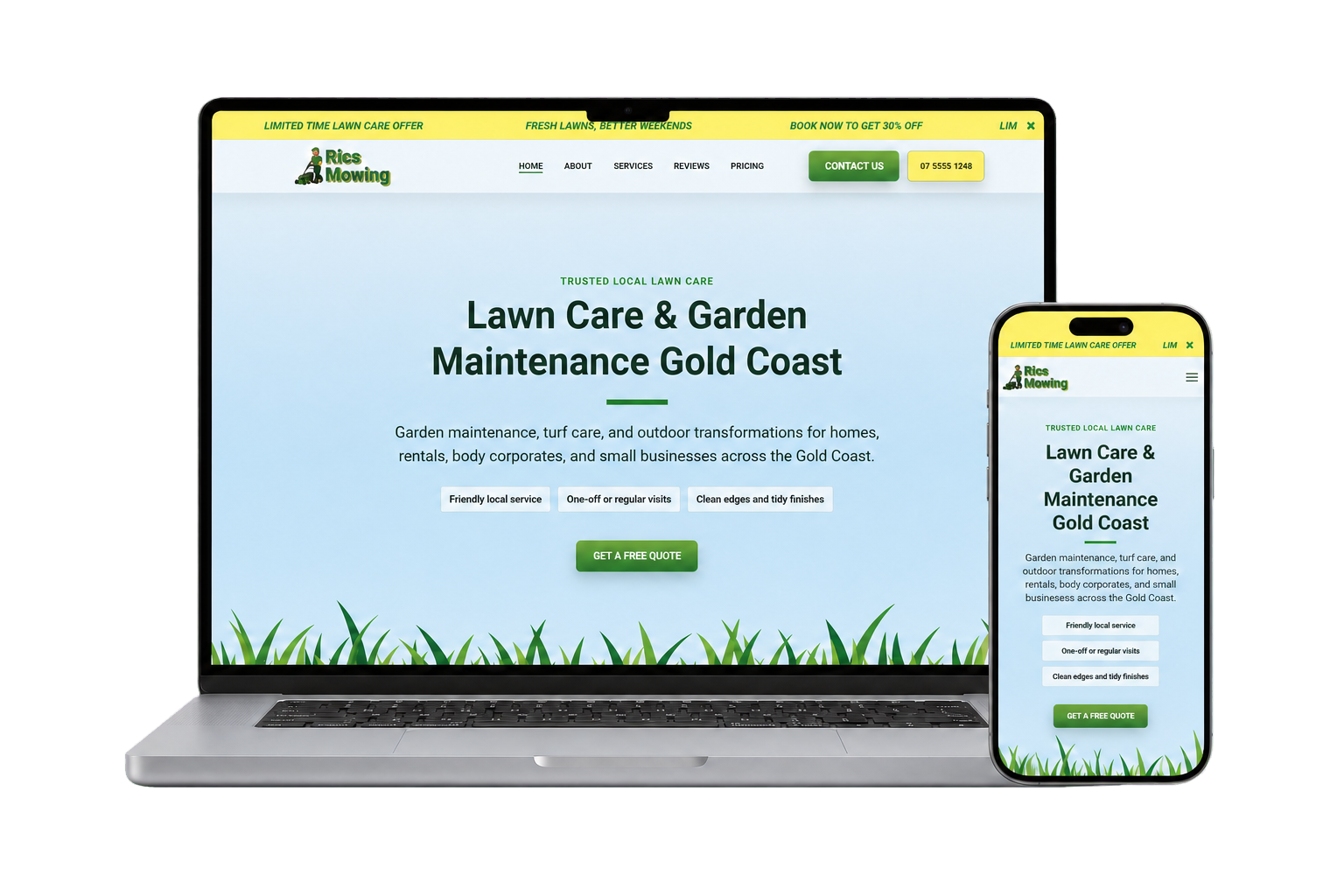 Rics Mowing website displayed on a laptop and mobile phone
