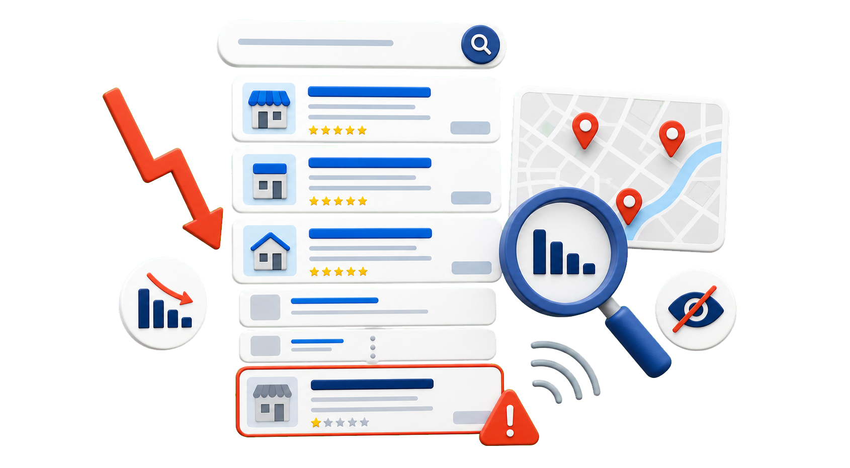 Search visibility problem showing a business buried below competitors in local results