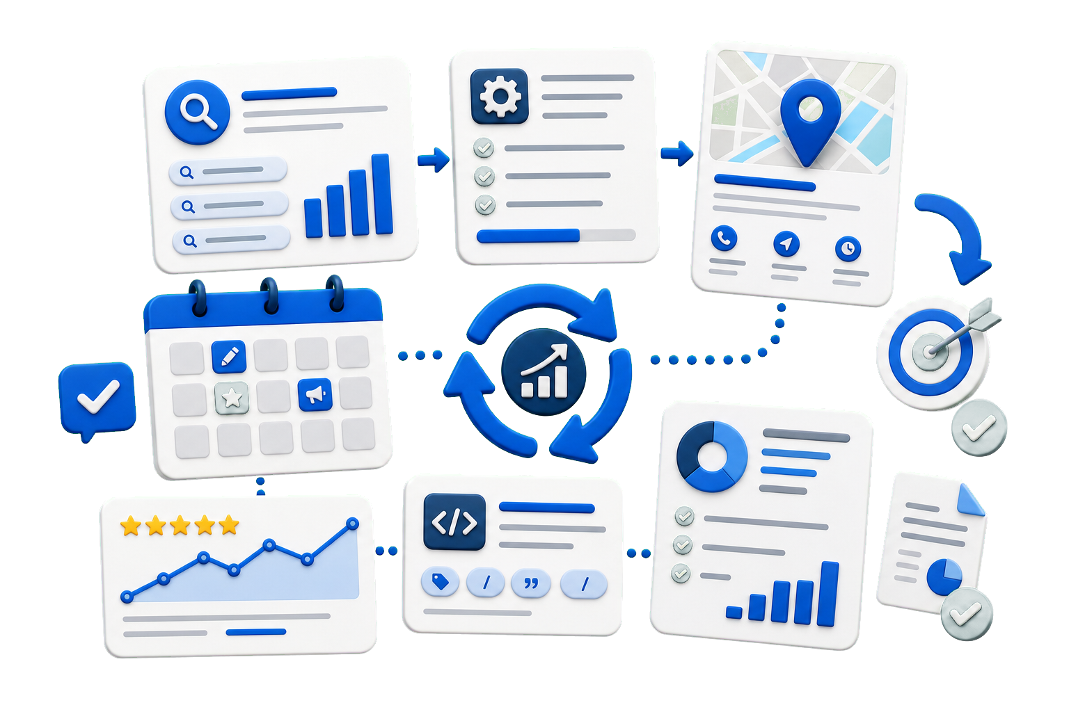 SEO workflow covering research, technical improvements, local listings and progress reporting