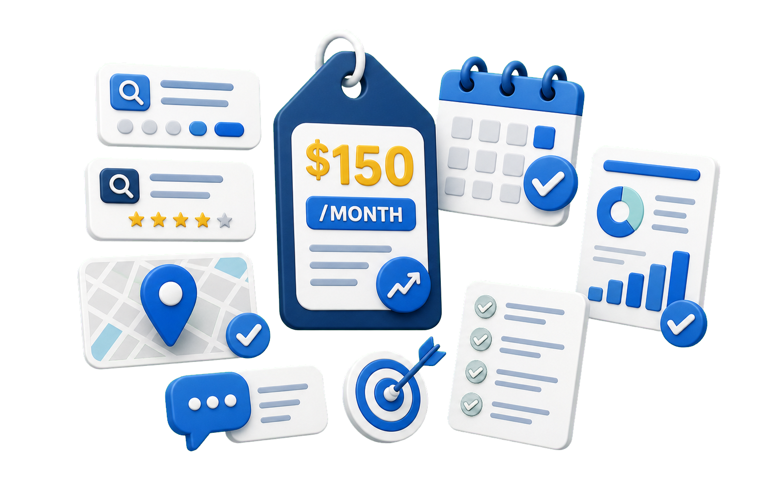 SEO services monthly offer showing search, local visibility, reporting, checklists, and a $150 per month price tag