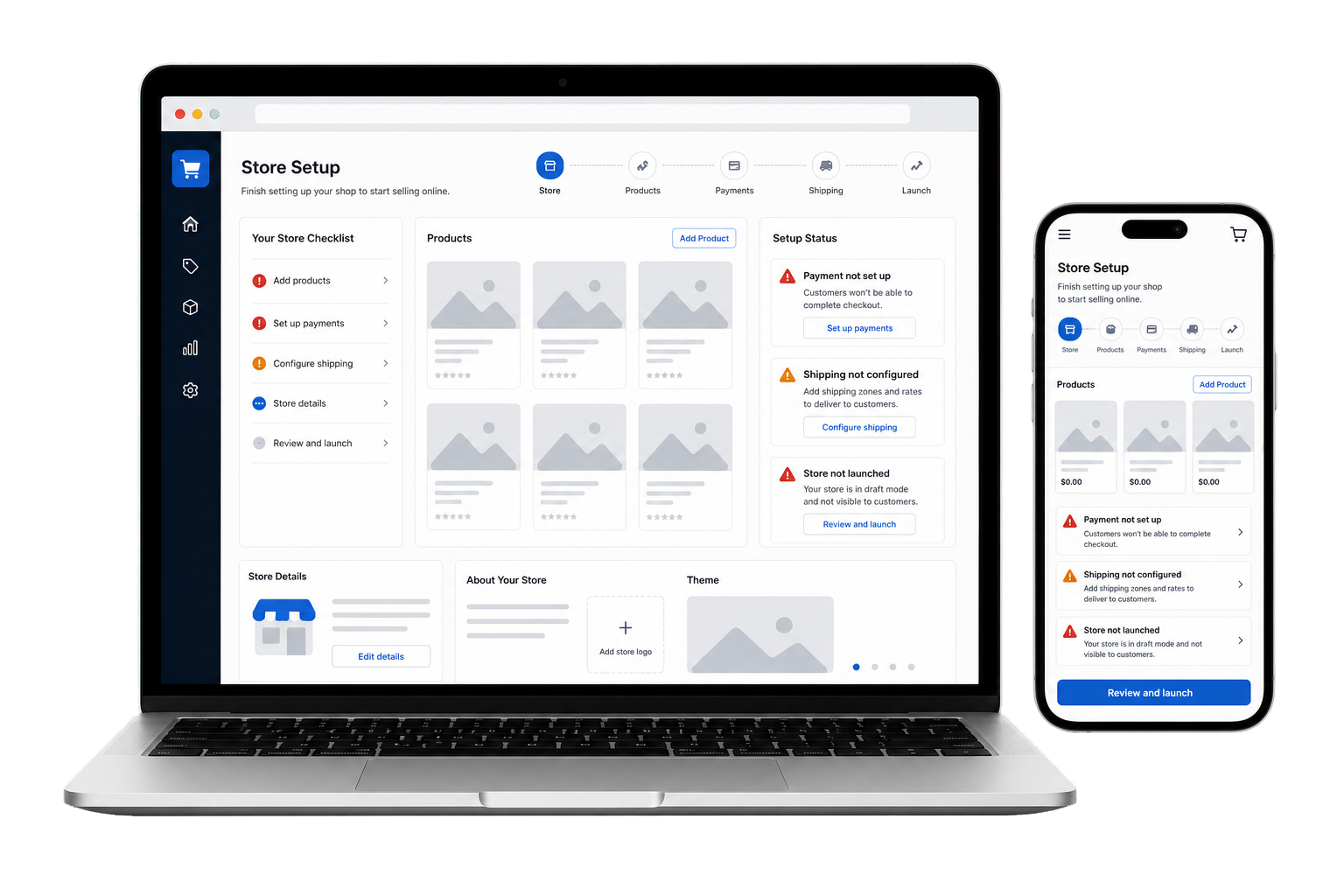 Unfinished ecommerce setup dashboard with product, payment, checkout, and shipping issues