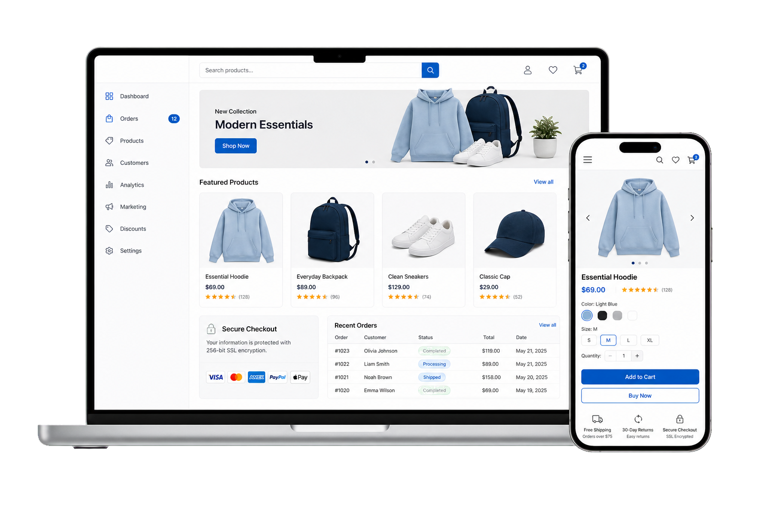 Clean ecommerce website setup with product pages, checkout, payments, and mobile shop view