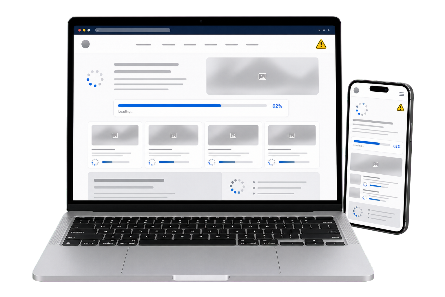 Laptop and phone showing a slow loading website with progress bars, loading spinners, and warning indicators