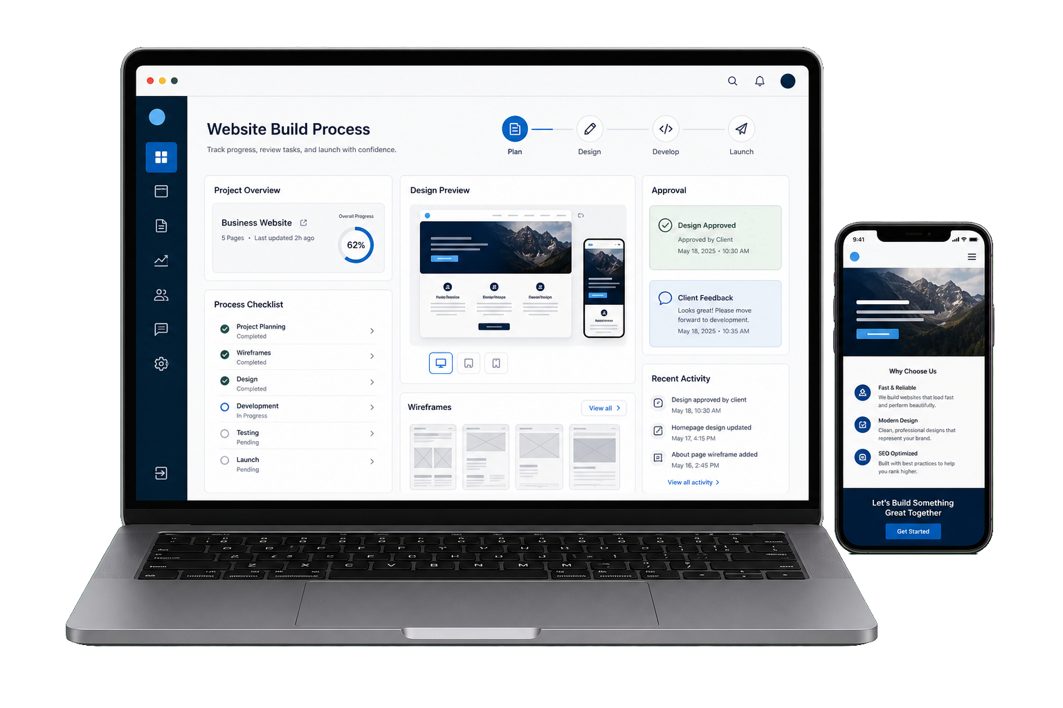 Laptop and phone showing a responsive website design process dashboard