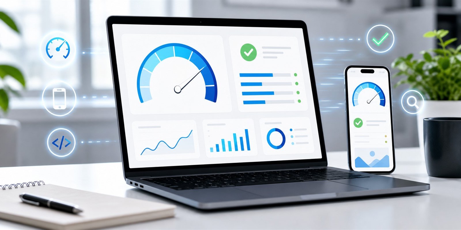 Laptop and phone showing website performance dashboard graphics