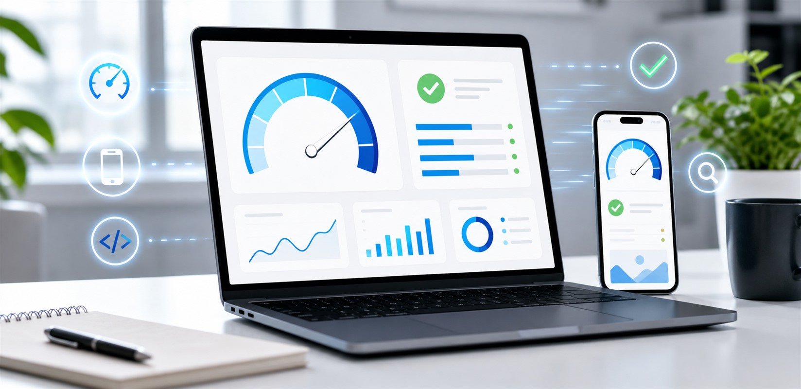 Laptop and phone showing website performance dashboard graphics