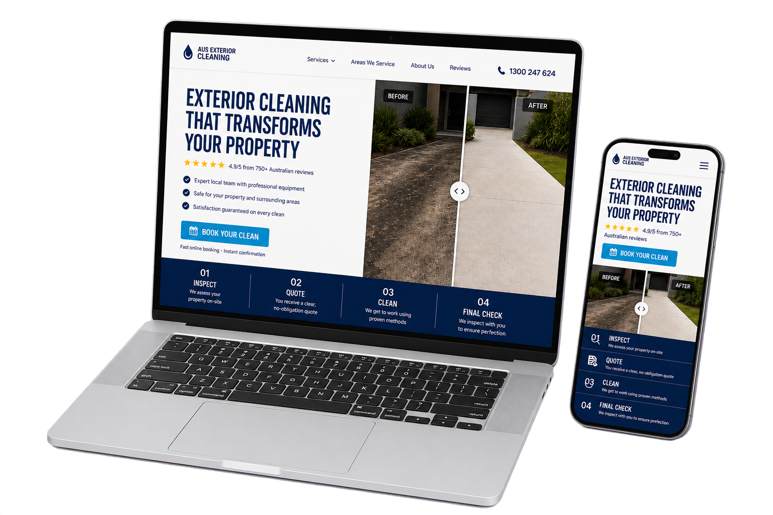 Responsive exterior cleaning website displayed on a laptop and mobile phone