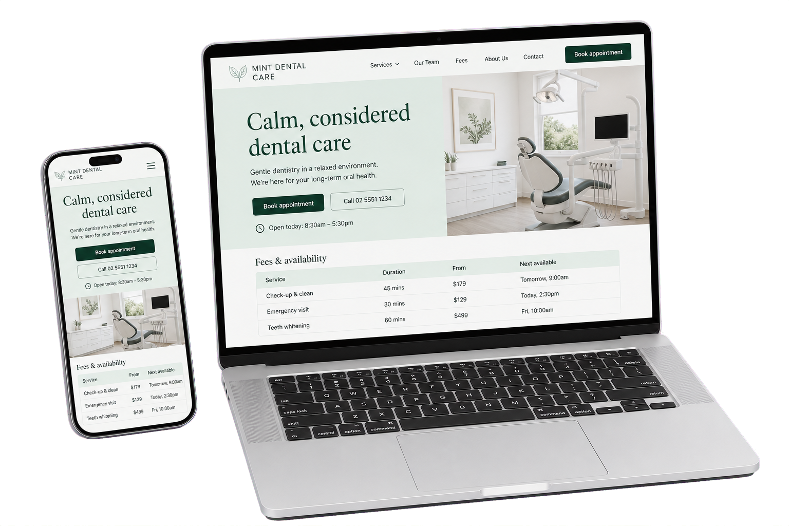 Responsive dental clinic website displayed on a laptop and mobile phone