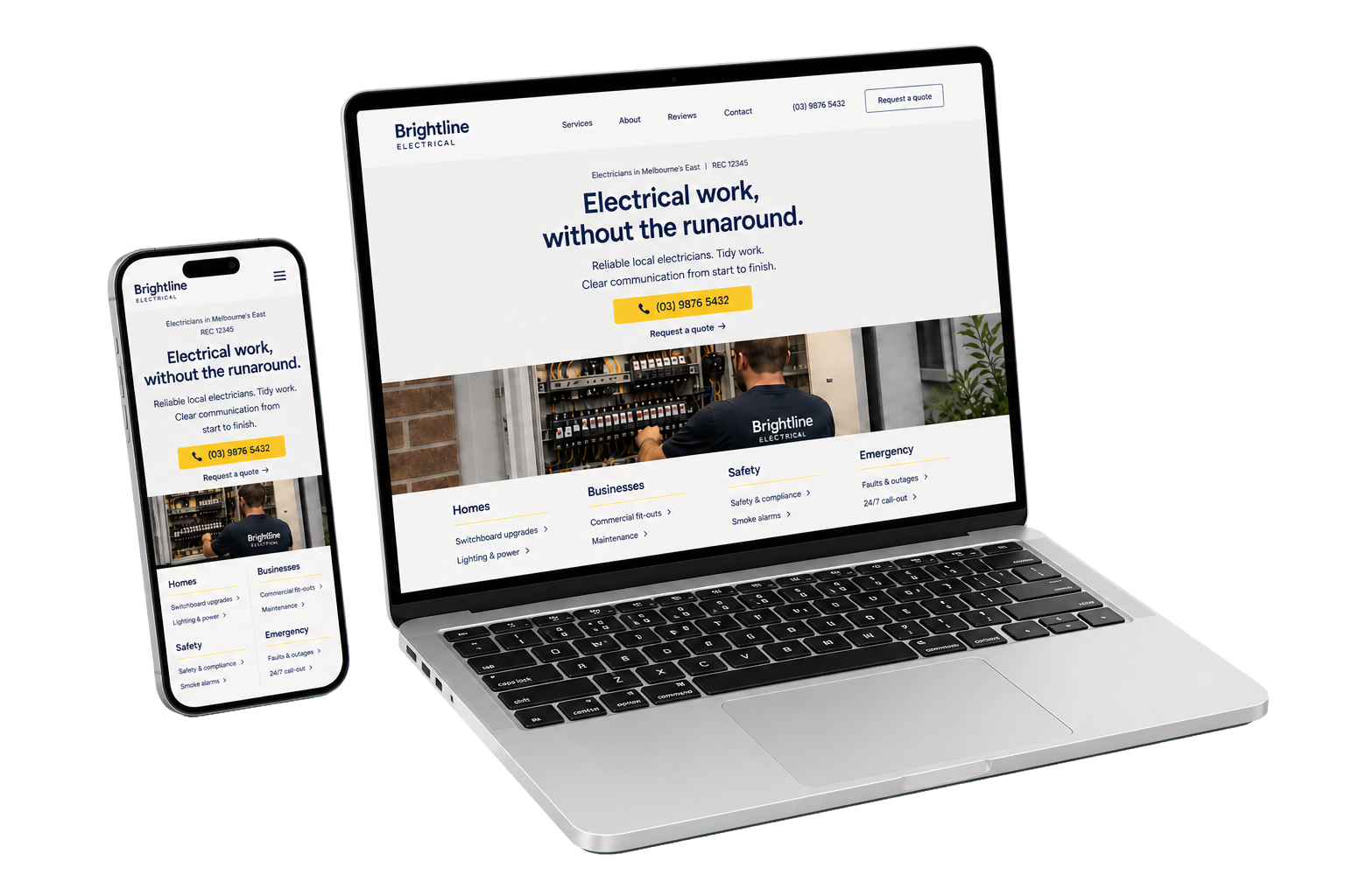Responsive electrical contractor website displayed on a laptop and mobile phone
