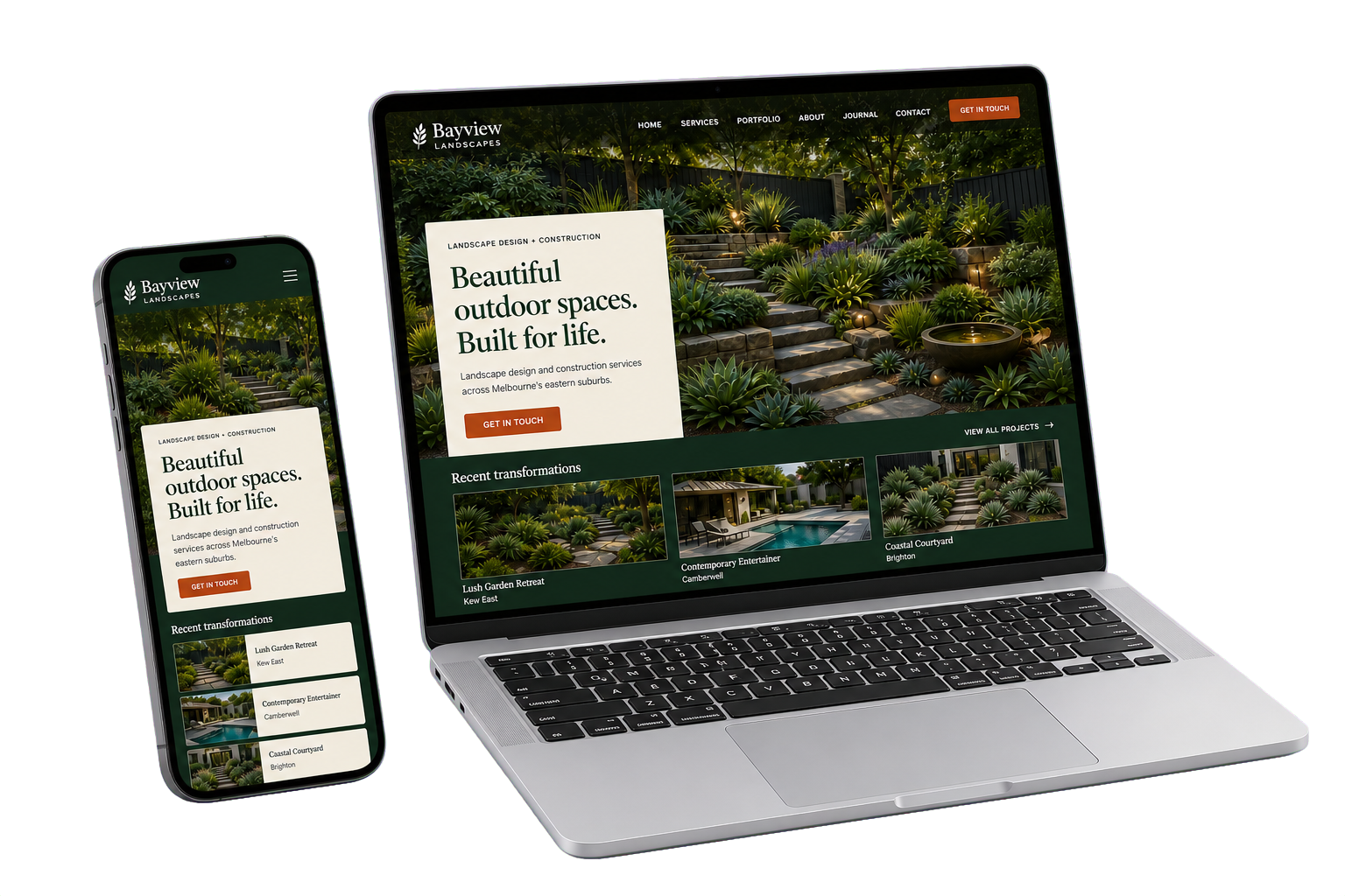 Responsive landscaping website displayed on a laptop and mobile phone